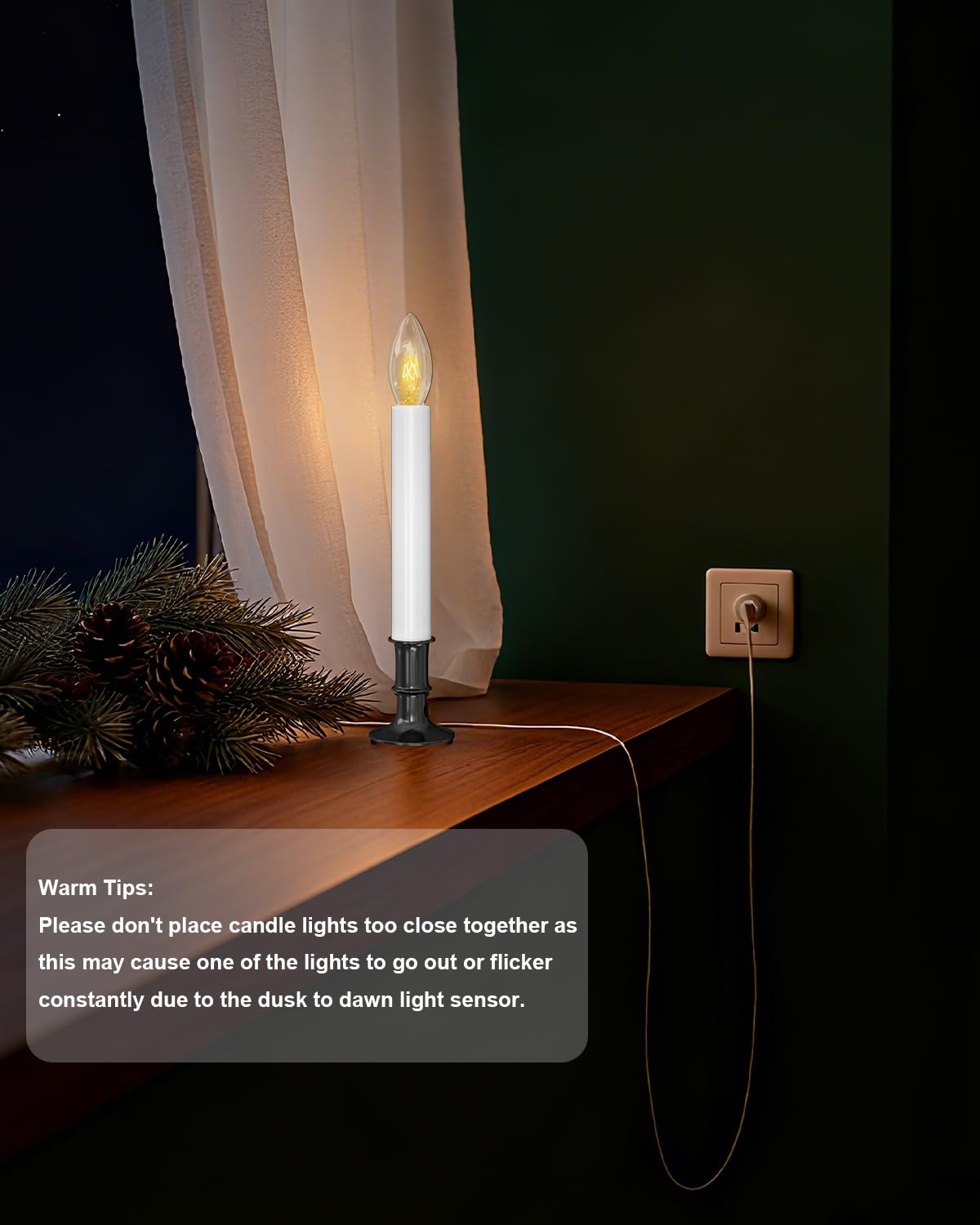 4 Pack Christmas Electric Window Candles, Christmas Candles with Dusk-to-Dawn Auto Sensor, Plug in Candle with 7W C26 Light Bulbs, Turns On in Dark - Off in Light