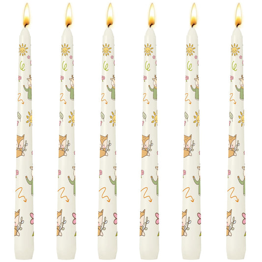 6 Pack Printed Taper Candles, 10 Inch Ivory Candlesticks with Cute Cartoon Animals Pattern, Unscented Tapered Candles, Dripless and Smokeless Decorative Candles for Elegant Dining