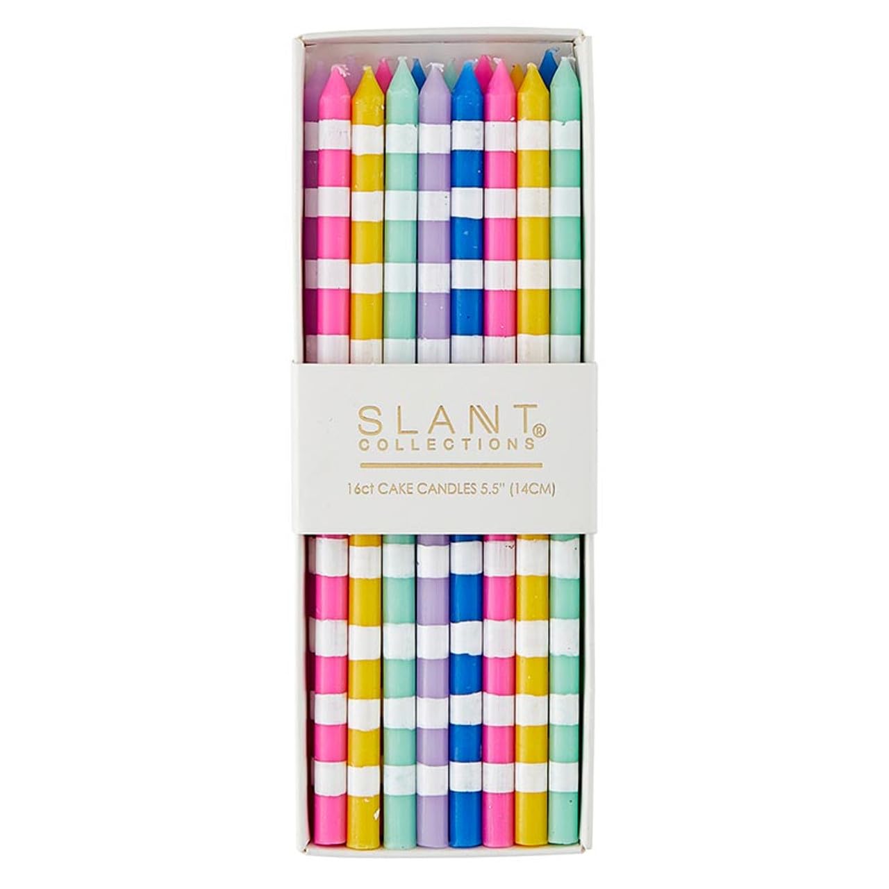 Slant Collections 16-Count Birthday Candles Colorful Cake Candle Pack, 5.5" Tall, Celebrate Stripes