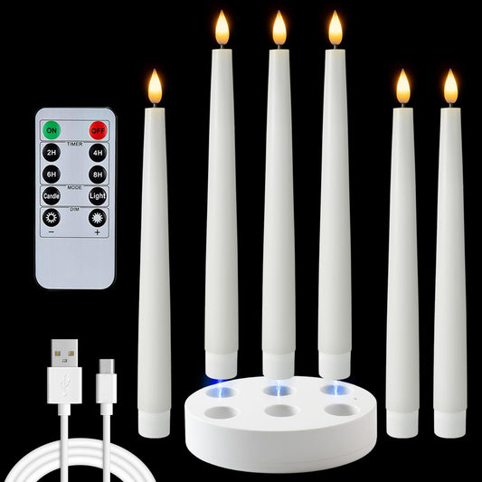 Homemory Rechargeable 9.6 Inches Flameless Taper Candles, Real Waxy LED Candlesticks Flickering, 6 Pcs Battery Operated Candles with Remote and Timer for Home Wedding Christmas Decor, White