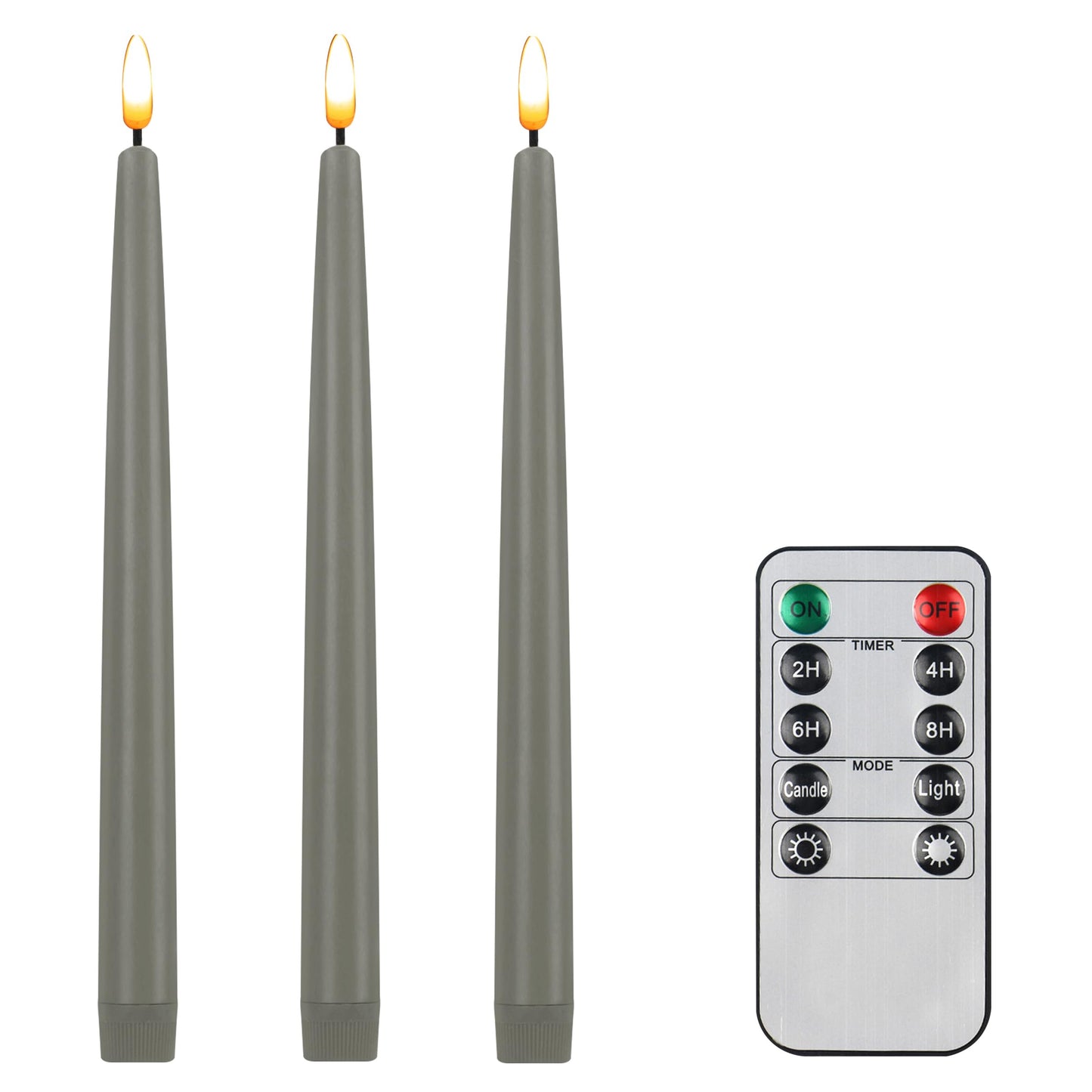 CVHOMEDECO. Flameless Taper Candles with 10-Key Remote, Battery Operated Led Flickering 3D Wick Window Candles Real Wax Finished Home Christmas Party Decor 0.78 x 11 Inch, Pack of 3, Grey