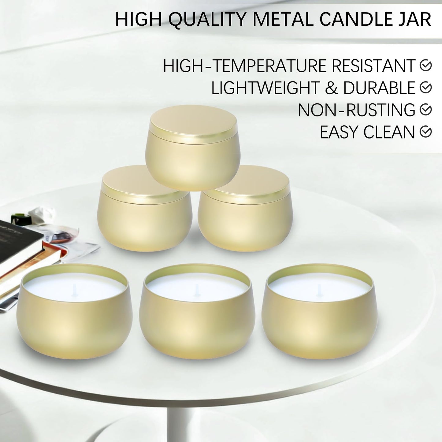 HOMAMAMOON 24 Pack 8oz Glod Candle Tins for Making Candles - Bulk Metal Candle Containers with Lids. Empty Round Candle Jars for DIY & Travel. Shatterproof & Sturdy Vessels for Small Business.