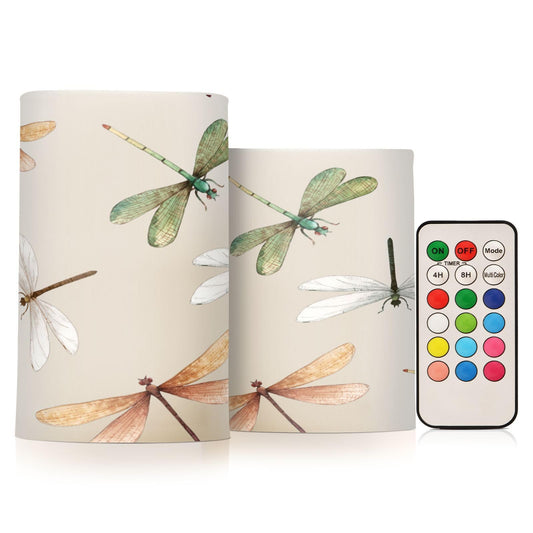 GUIJI Dragonfly Flameless Candles With Remote - Set of 2 Battery Operated Pillar Candles for Home Decoration, Christmas, Party