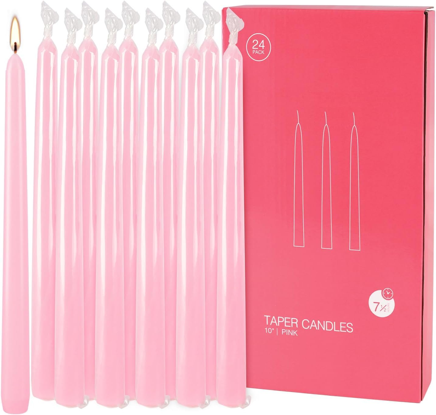 YOROXRG 24 Pack Pink Taper Candles, 7-8 Hours Burn Time, Unscented, Smokeless and Dripless, 0.75 x 10 Inch Dinner Candle Set for Valentine's Day,Household, Wedding, Party and Home Décor Candlesticks