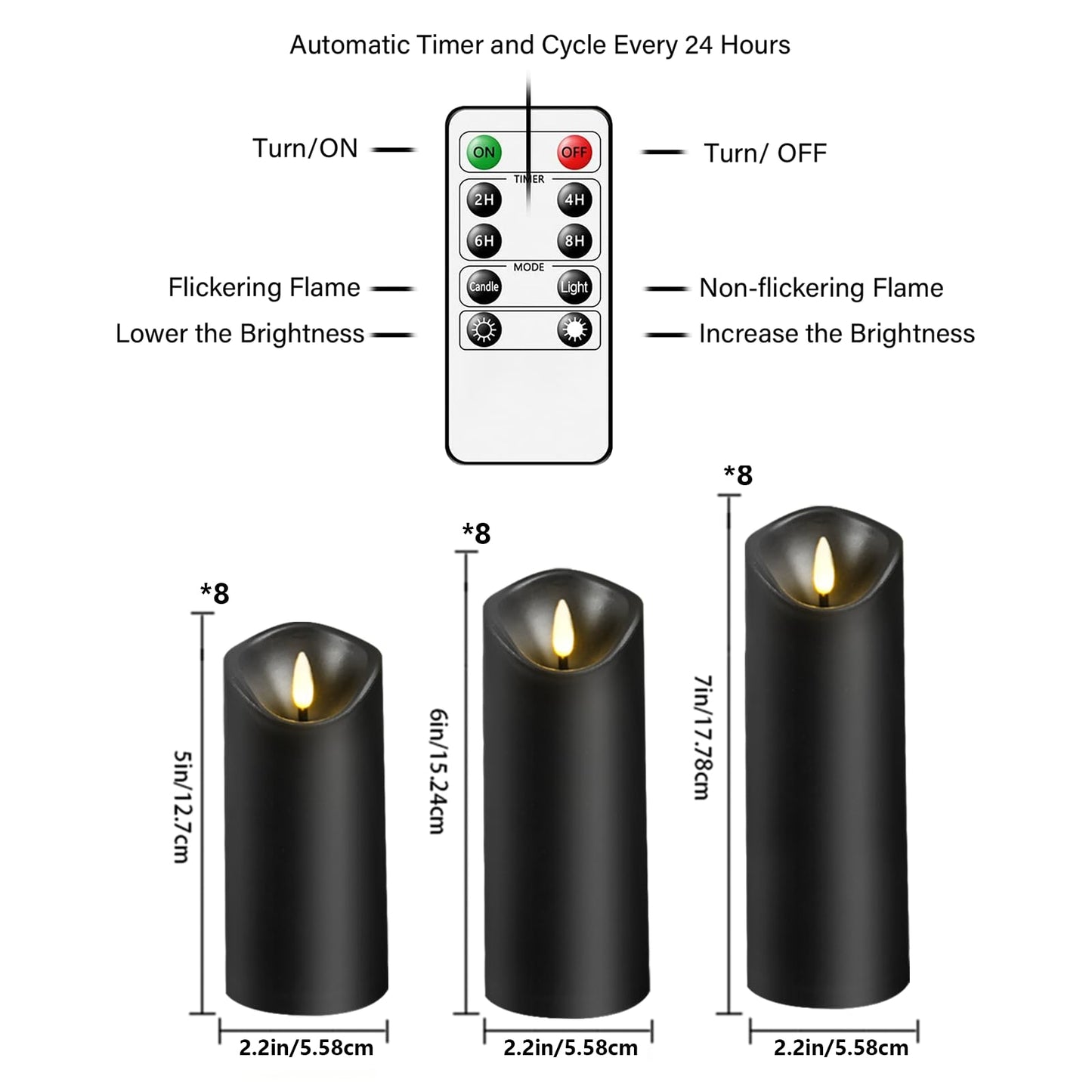 kakoya Flickering Flameless Candles, Battery Operated Plastic LED Pillar Candles with Remote Control and Timer, Set of 24 (Black)