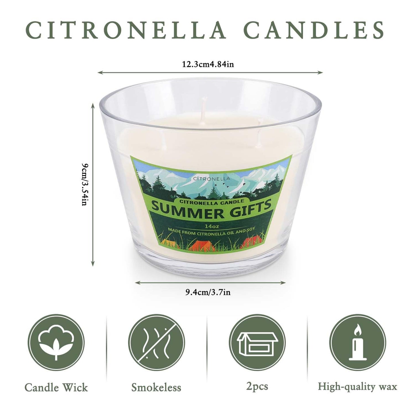CAKETYCG 2 Pack 3-Wick Glass Cup Citronella Candles(14oz), Natural Soy Wax Clean Burning & Smokeless,citronella Scented Candle & Outdoor Candle,Camping Bar Counter Yard, Summer Gift.