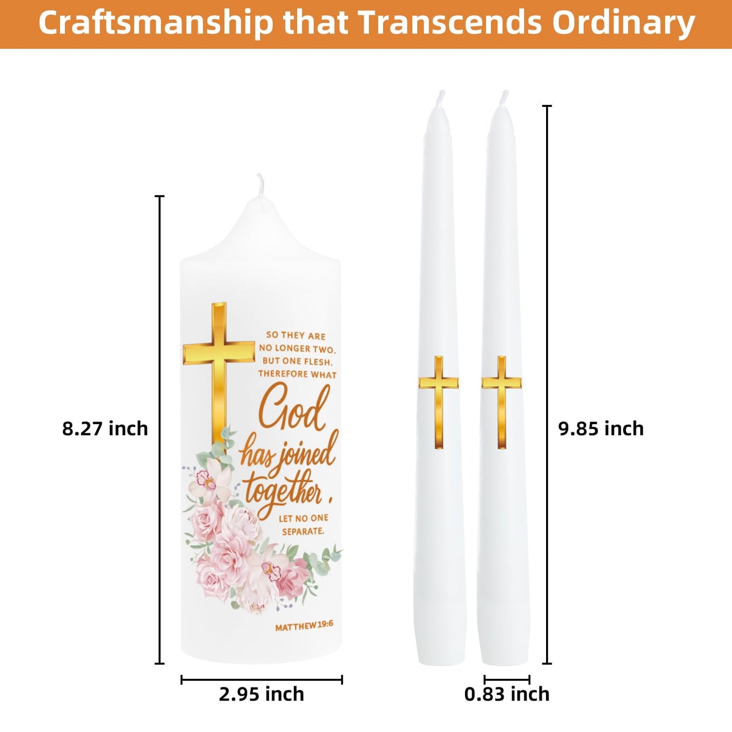 Extrogif Unity Floral Candles with Holder for Wedding Ceremony – Wedding Candle Set with Glass Holders – Elegant Pillar Candles with a Gold Cross and the Matthew 19:6 Verse