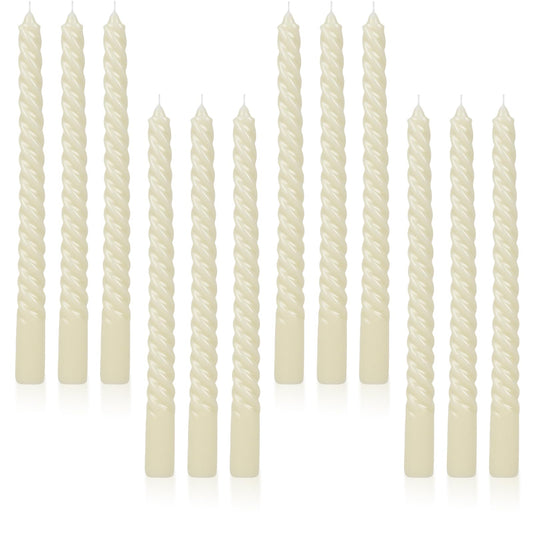 Tobeape 12 Pack 10 Inch Tall Ivory Spiral Taper Candles, Unscented Dripless Twisted Wax Cream Candles for Holiday Celebration Wedding Birthday Party Display Home Decor - 8 Hour Long Burning