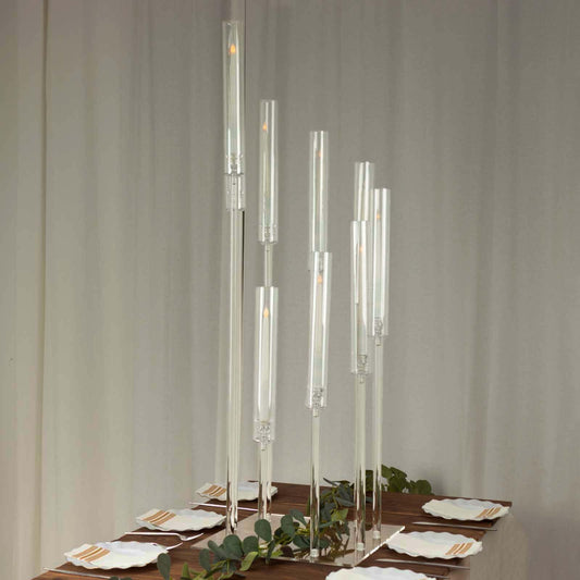 Efavormart 9 Arm Clear Acrylic Cluster Taper Candle Holder Candelabra, Pillar Candle Stick Stand with Square Base - 4ft Tall