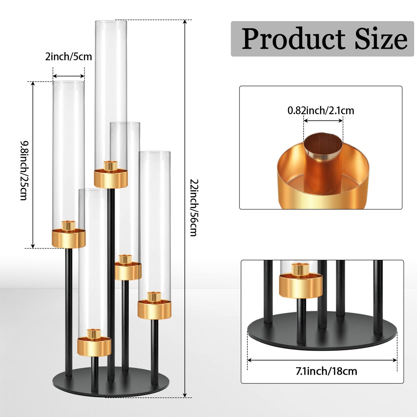 KEHAIL 2 PCS 5-Arm Black+Gold Metal Table Candelabra Centerpiece, 22" Tall Clear Acrylic Candlesticks Holder with Shade for Valentines Day Events Party Table Centerpiece,Fit LED Candles
