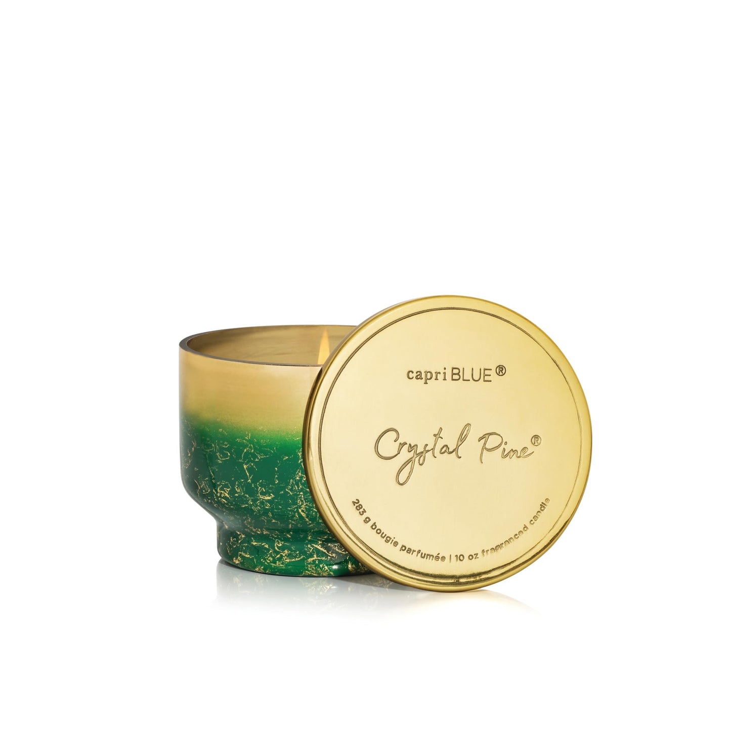 Capri Blue Crystal Pine Scented - Glimmer Inverted Jar Candles - Soy Candles - Holiday Candle with Emerald Green & Gold Ombre Glass Candle Holder (10 oz)