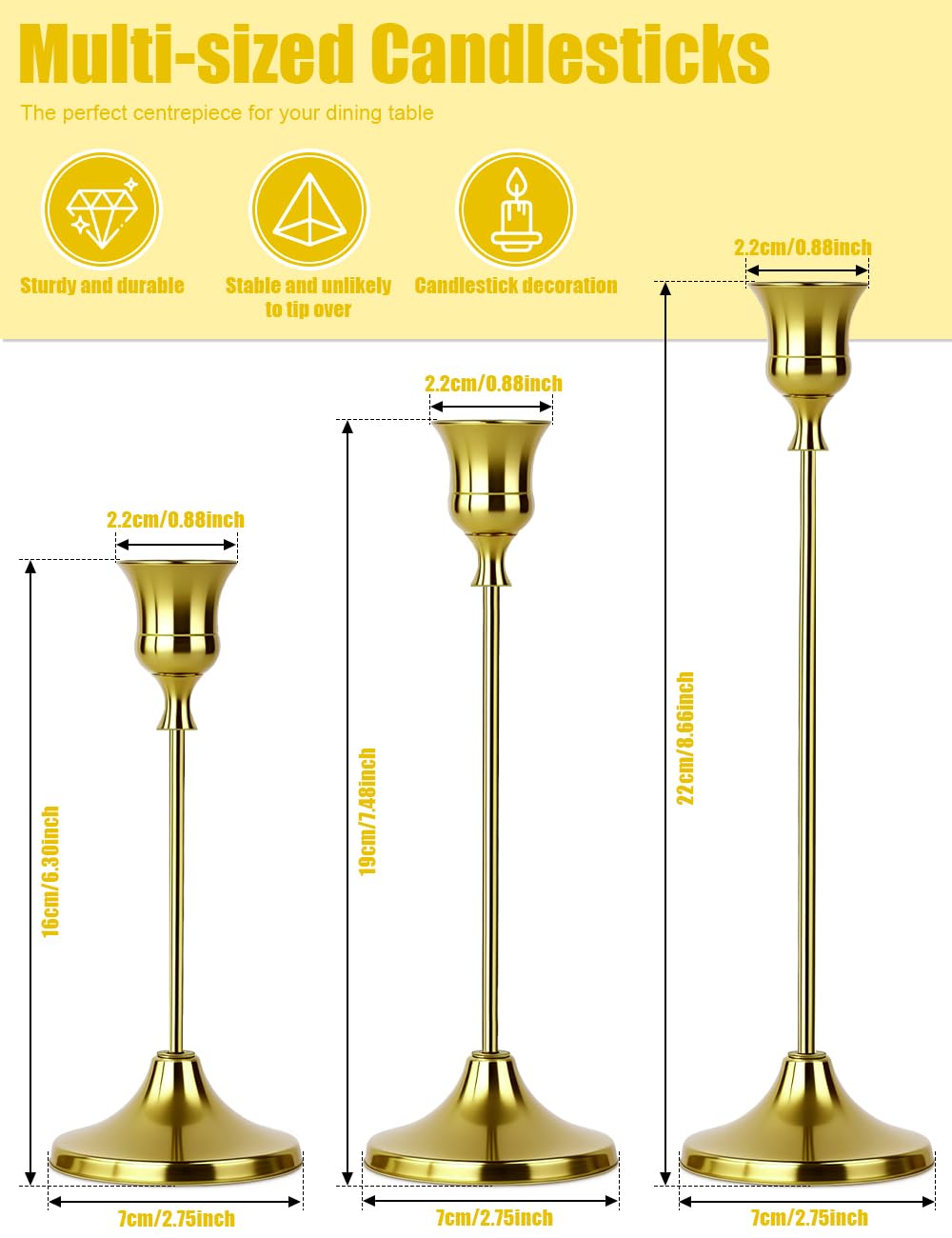 2 Sets(6 Pcs) Brass Tapered Candle Holder,Candlestick Tall Metal Candlestick Holders for Table Centerpiece Home Decor for Wedding Fireplace Mantel Housewarming Gift Fits 3/4 Inch Thick Candles