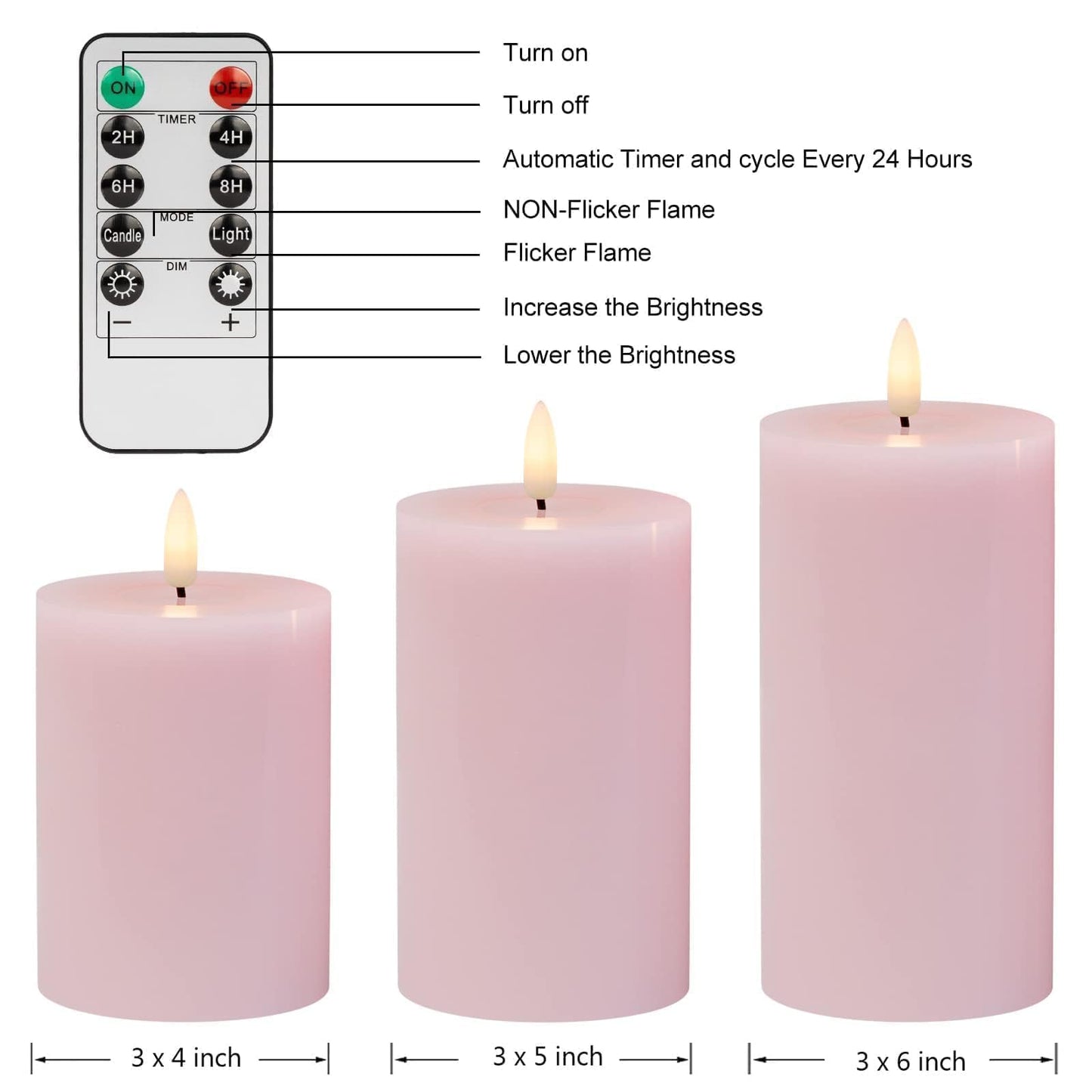 ANGELLOONG Pink Flameless Candles with Remote and Timer, Set of 3 Real Wax LED Pillar Candles Battery Operated Fake Candles for Pink Christmas Decor, Bedroom Bathroom