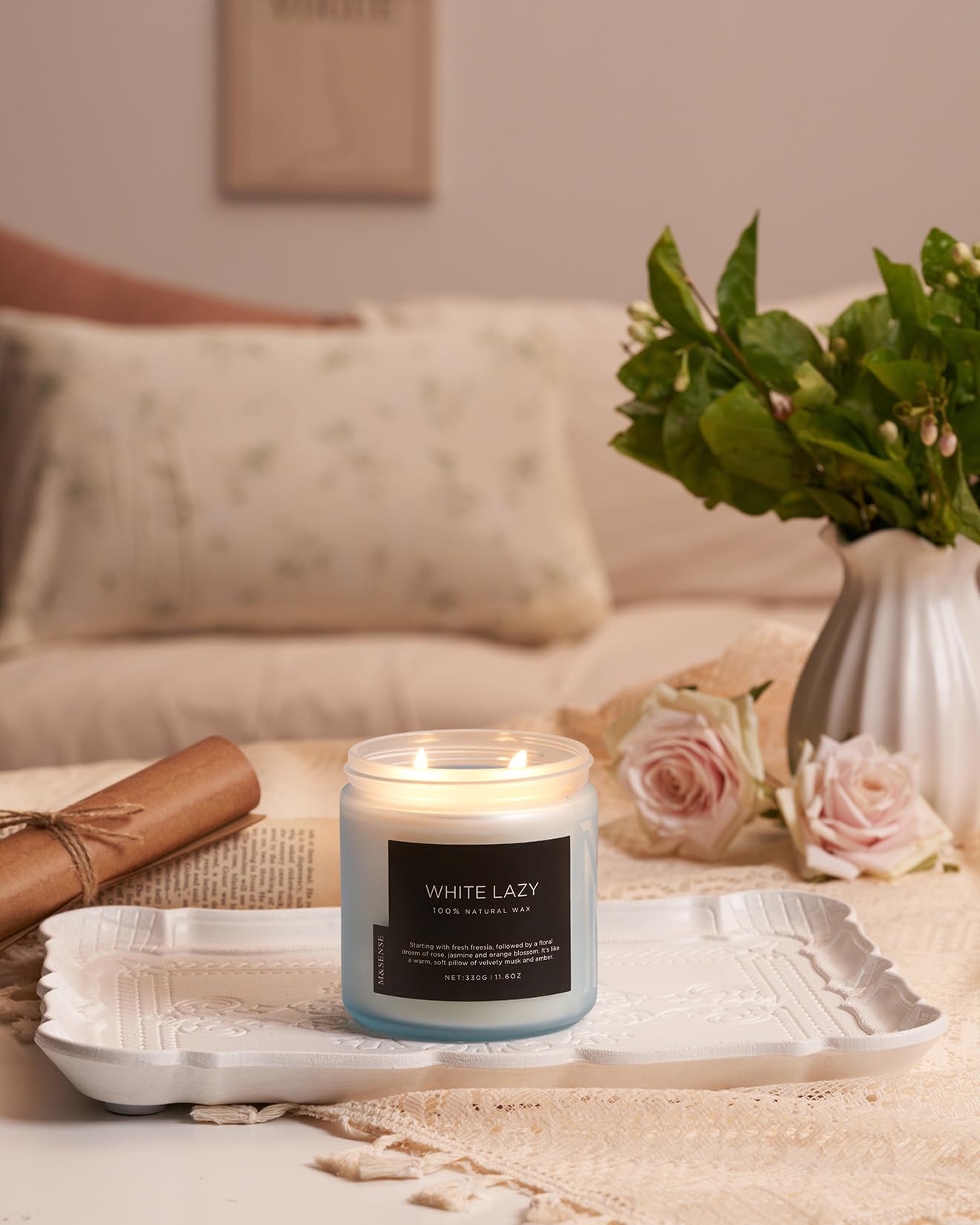 M&SENSE Jasmine & Clean Cotton Spring Scented Candle, 11.6oz Aromatherapy Gifts 2 Wick 70 Hours Long Lasting Burn, Natural Organic Soy Candle, Housewarming Gifts for Dad Mom Friends