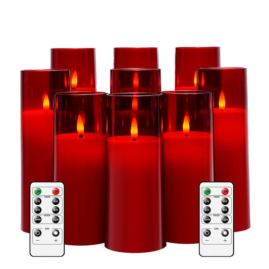 kakoya Flickering Flameless Candles Battery Operated with Remote and 2/4/6/8 H Timer Plexiglass Led Pillar Candles Pack of 9 (D2.3 xH5.5 6.5" 7.5") with Realistic 3D Wick Candles for Home Decor(Red)