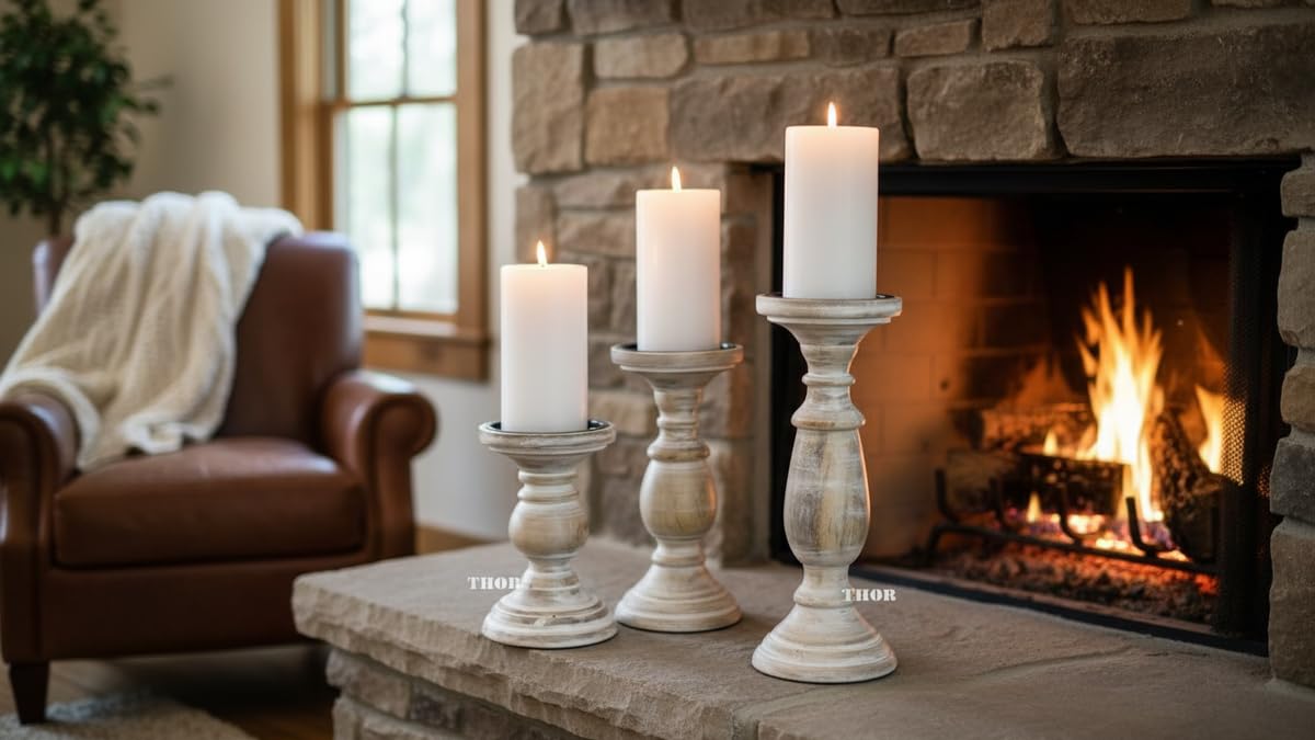 White WSH Candle Stands Wooden for Pillar Candles,Rounded Turned Colums, Sustainable Woods, Country Style Aromatherapy Candle Gardens Home décor - 6,8,10 Inch Set of 3