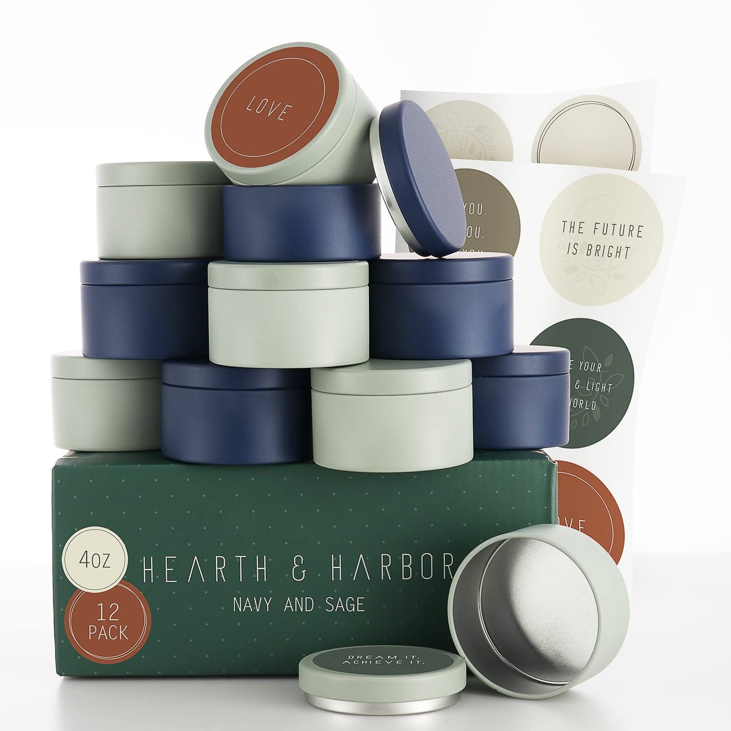 Hearth & Harbor Tin Candle Jars for Making Candles - DIY Candle Containers with Lids - Metal Candle Jars - Bulk Tins Storage for Candle (12, Navy and Sage)