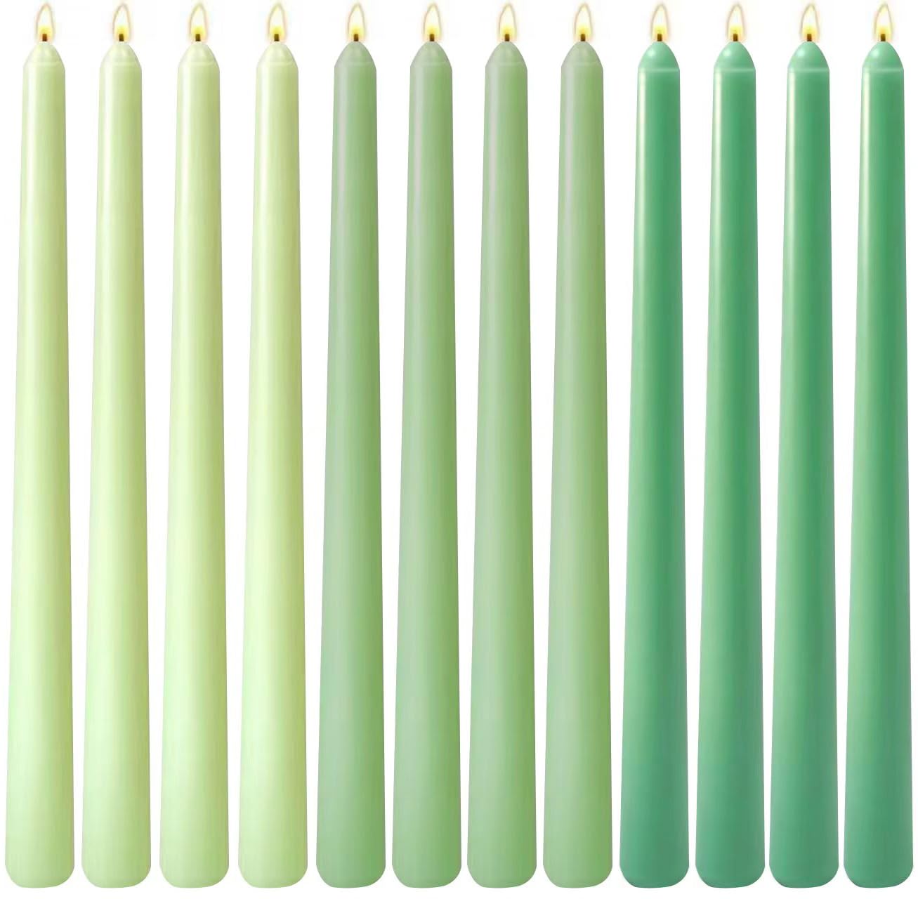12-Pack Gradient Green Taper Candles, 10 Inch Unscented Dripless Candlesticks, Long-Lasting Burn Time of 6-7 Hours, Perfect for Home Décor Spring St. Patrick's Day