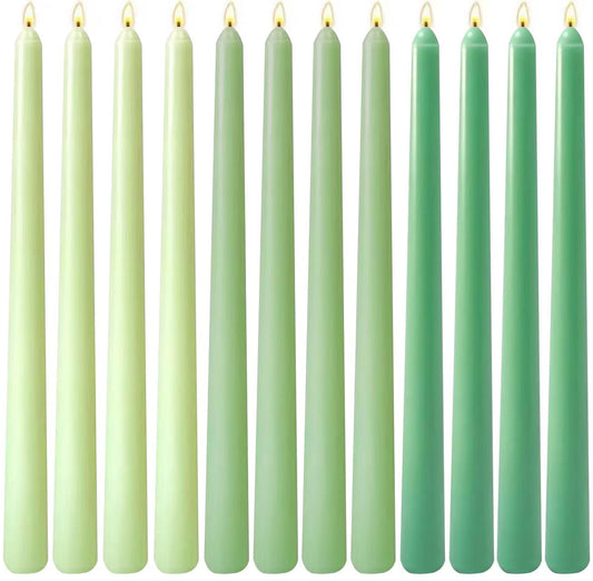 12-Pack Gradient Green Taper Candles, 10 Inch Unscented Dripless Candlesticks, Long-Lasting Burn Time of 6-7 Hours, Perfect for Home Décor Spring St. Patrick's Day