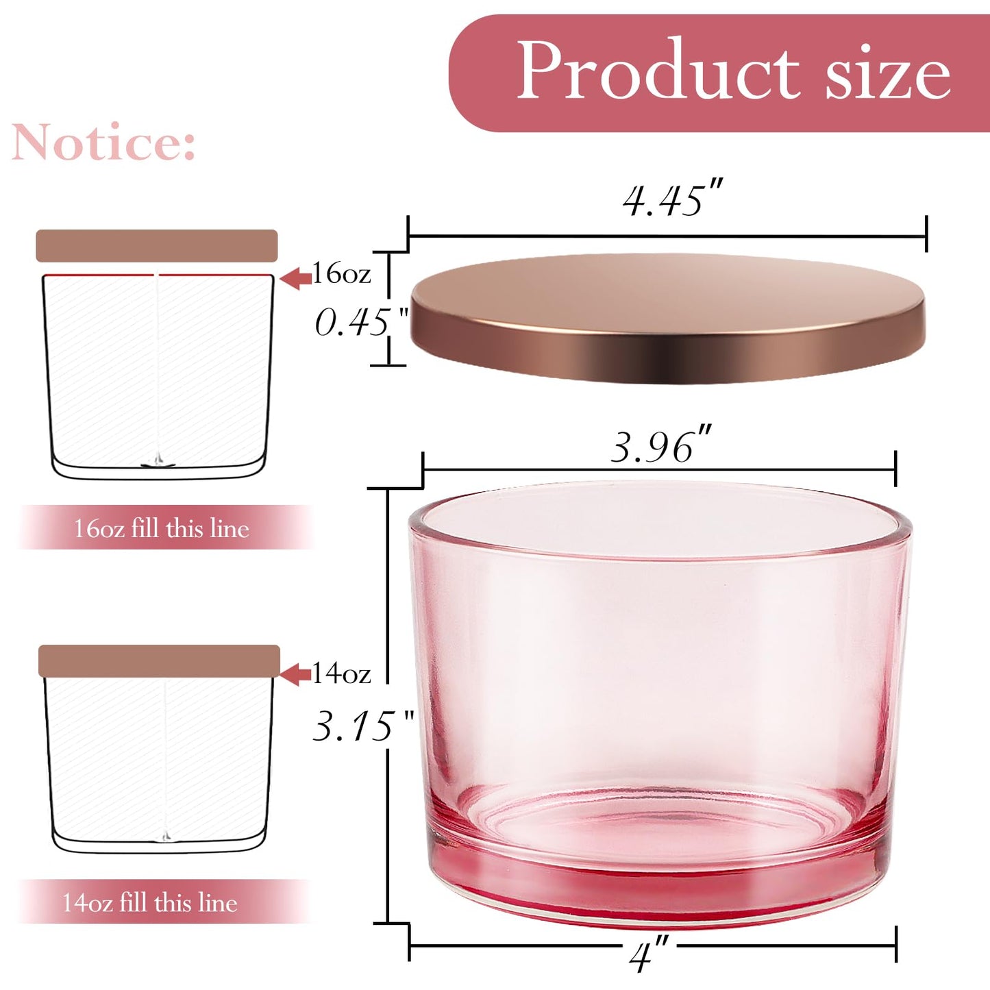 CONNOO 6 Pack 16 oz Candle Jars - 3 Wicks Pink Empty Glass Wide Mouth Candle Jars Come with Metal Lids Sticky Warning Labels and a Candle Wick Kit for Candle Making- Dishwasher Safe