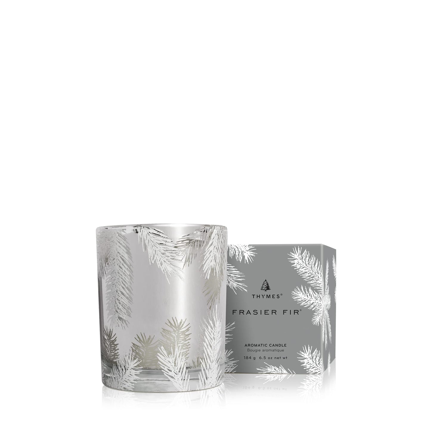 Thymes Frasier Fir Candle – Pine Needle Design – Holiday Scented Candle – Notes of Crisp Siberian Fir, Cedarwood & Sandalwood – Luxury Home Fragrance Gifts for Women & Men – Silver (Statement, 6.5 oz)
