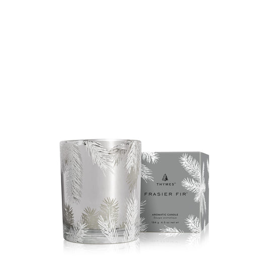 Thymes Frasier Fir Candle – Pine Needle Design – Holiday Scented Candle – Notes of Crisp Siberian Fir, Cedarwood & Sandalwood – Luxury Home Fragrance Gifts for Women & Men – Silver (Statement, 6.5 oz)