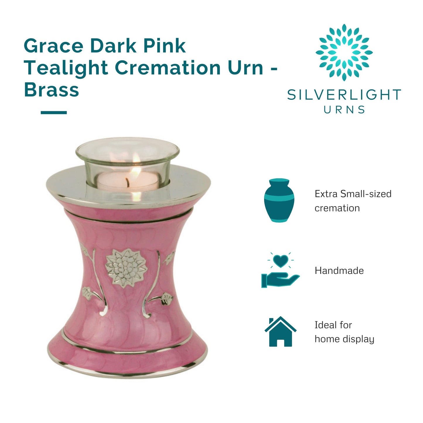 Grace Dark Pink Tealight Cremation Urn for Ashes, Brass Memorial Candle, Pink Urn, Extra Small Sized, 5.5 Inches High