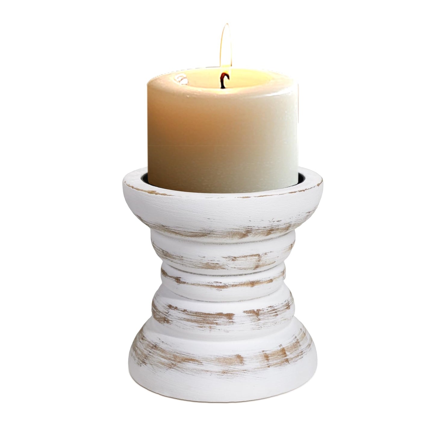 Pillar Candle Holder, Farmhouse Wood Candle Holder, Rustic Wooden Candle Stand, Vintage Small Wooden Candlestick Holders for Living Room, Table Centerpiece, White