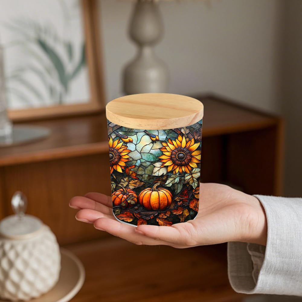 Pumpkin Sunflower Stained Glass Tealight Candle Holder, Autumn Harvest Decorations Candle Jar Tea Light Holder, Tealight Holders Candlesticks Gift for Halloween Christmas Thanksgiving, 3.5x2.8in
