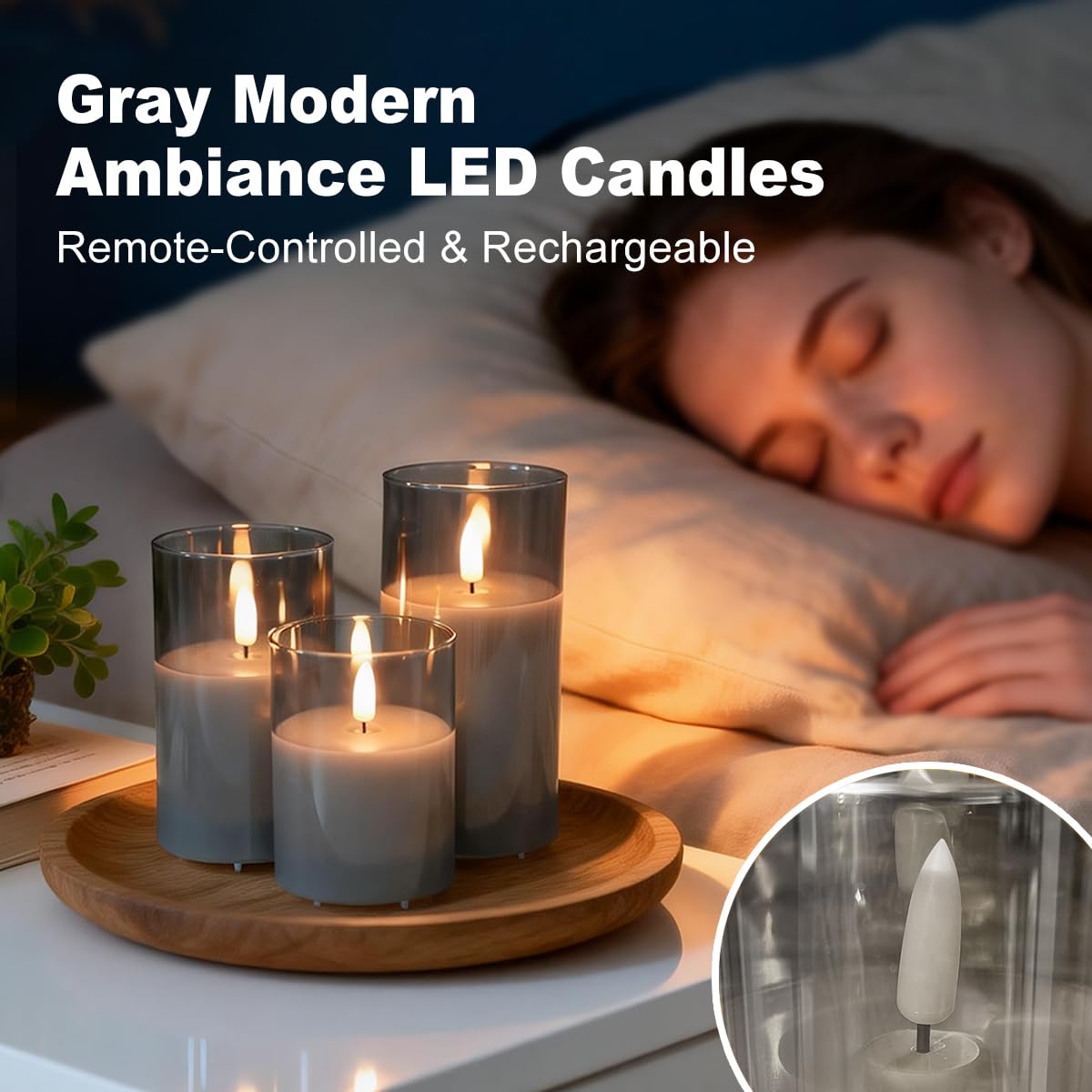 NICE POINT Rechargeable Flameless Candles, Flickering LED Flame Pillar Glass Fake Candles with Remote and Timer,Real Wax Flameless Candles for Living Room, Bedroom & Holiday Décor(Gray)