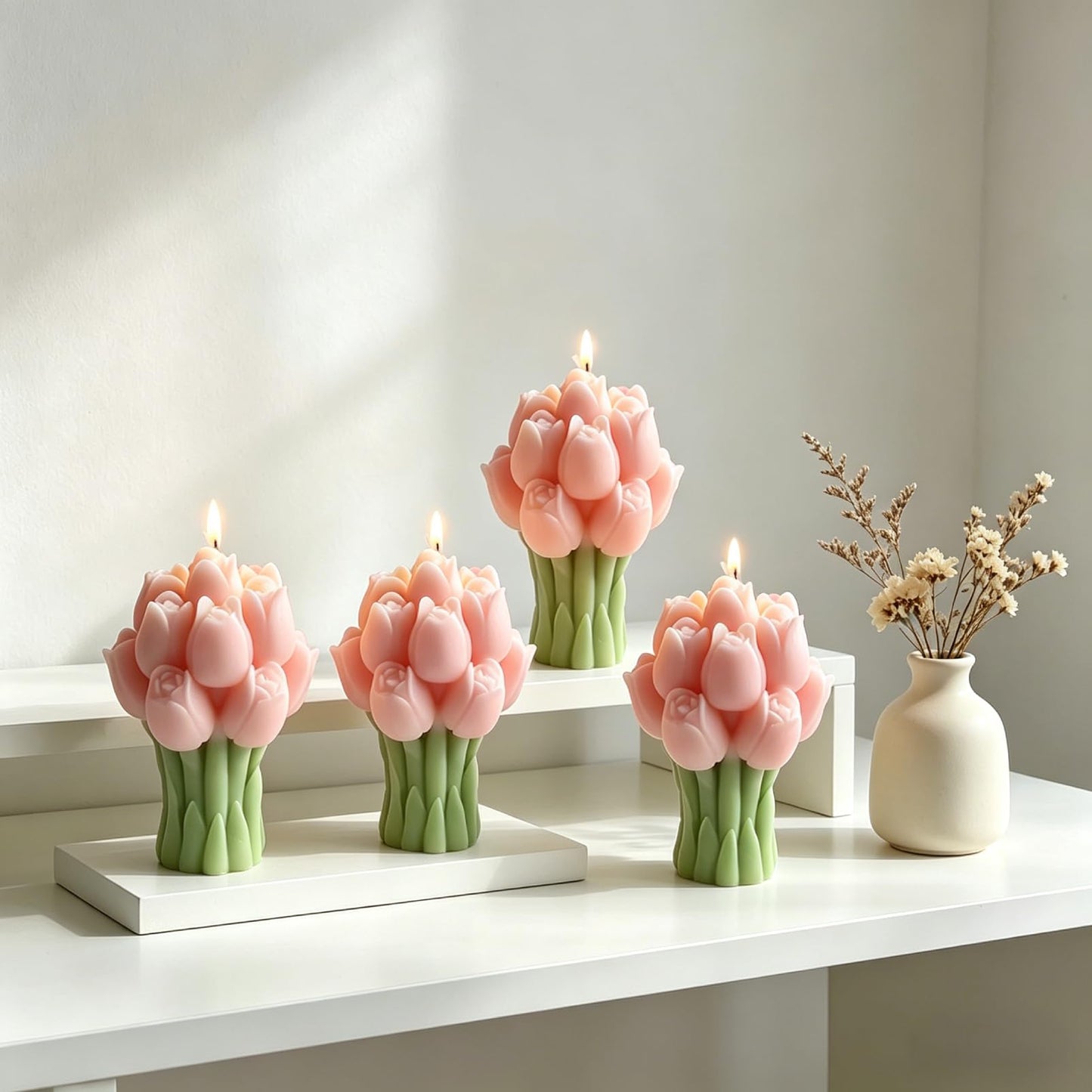 Scented Candles Set for Women Mom,4 Pack Aromatic Tulip Bouquet-Shaped Candle Ornament for Home, Pink Soy Candles for Living Room and Bedroom, Birthday Bridesmaid Gift Valentines Day Candle