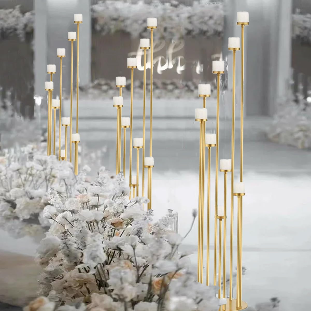Fullvaseer 2pcs 9 Arm Candelabra,Floor Candle Holders Tall Set for Wedding Aisle Decoration,Gold Candelabras for Fireplace,Candle Stand Fit for Flameless or Wax