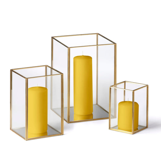 Yummi Set of 36 Slim Pillar Candles & Gold Luxus Lanterns - Bright Yellow