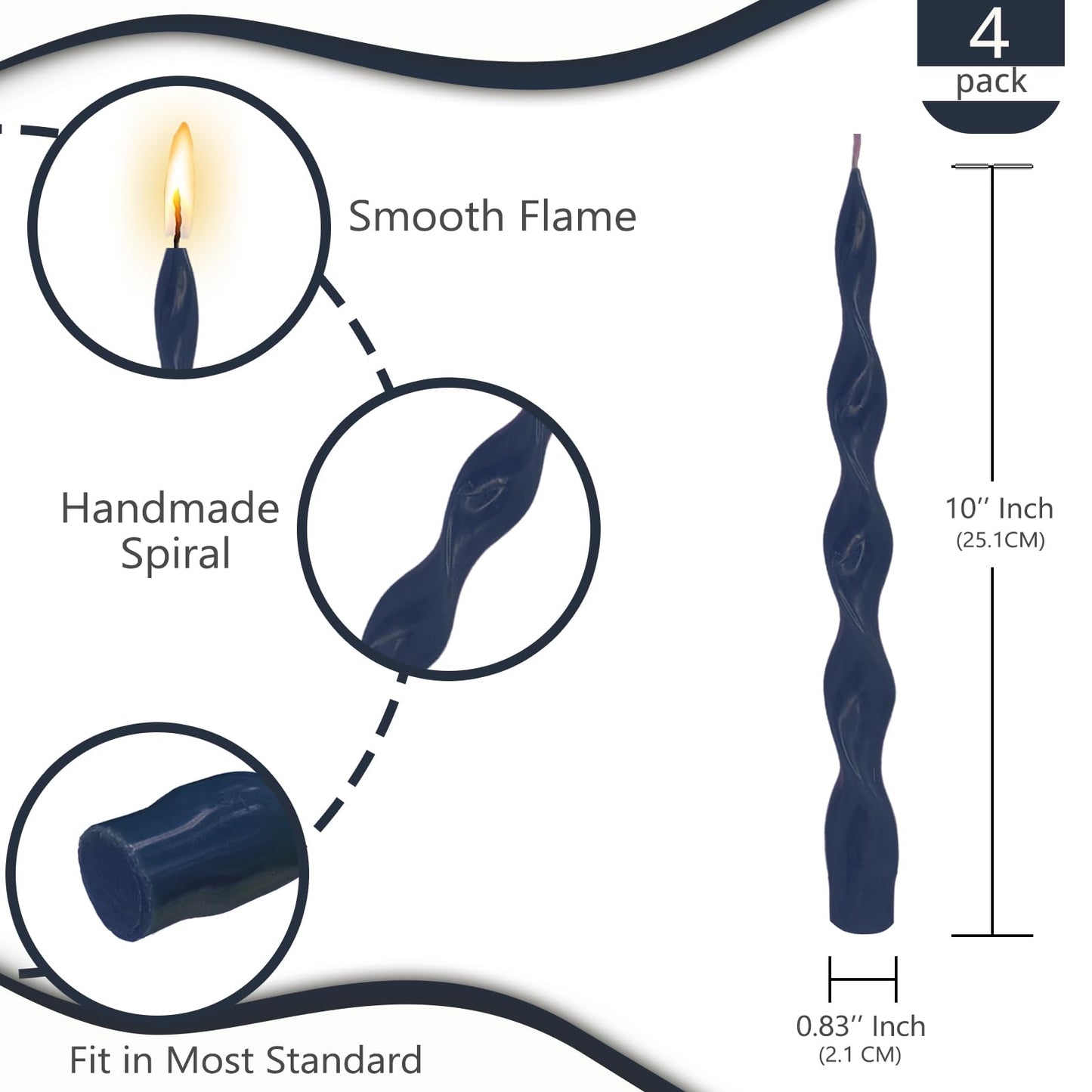 NJAO HOO Navy Spiral Taper Candles 10 Inch Twisted Candlesticks Unscented Ripple Tapered Candles Set for Dinner Table Decor Party Wedding, 4 Pcs