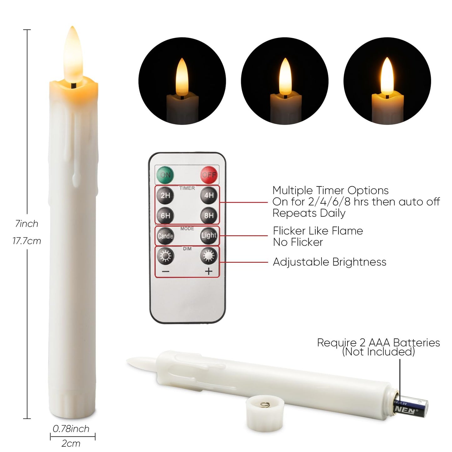 Homemory 7 Inches Flameless Taper Candles with Remote Timer, Short Led Candlesticks with 3D Flickering Light, Battery Operated Candles with Lifelike Flame for Wedding Home Xmas Decor, White, 12 Pcs
