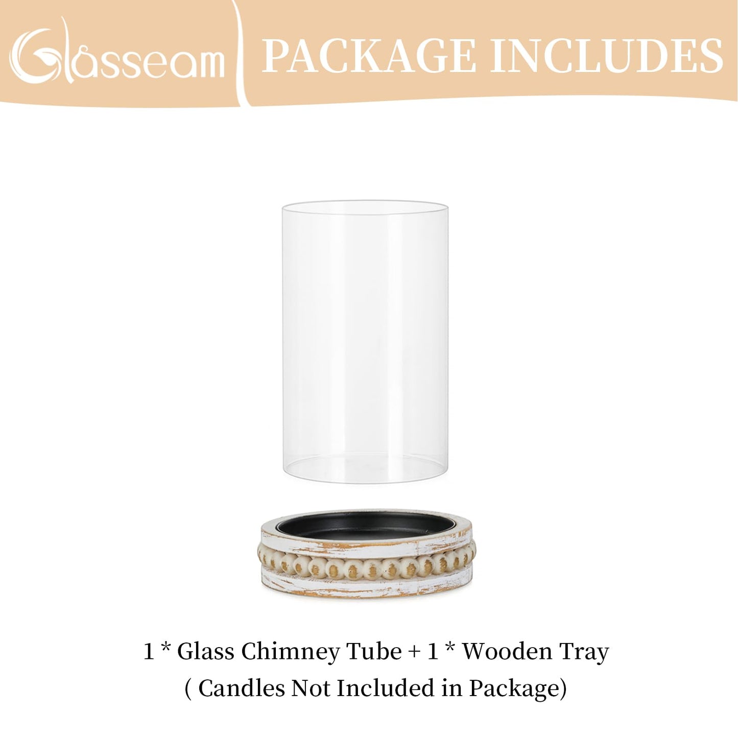 Glasseam Glass Hurricane Candle Holder, Decorative Candle Holders for Pillar Candles, Boho Candle Holders for Table Centerpiece, Glass Cylinder With Wood Beaded Candle Plate for Dining Room Decoration