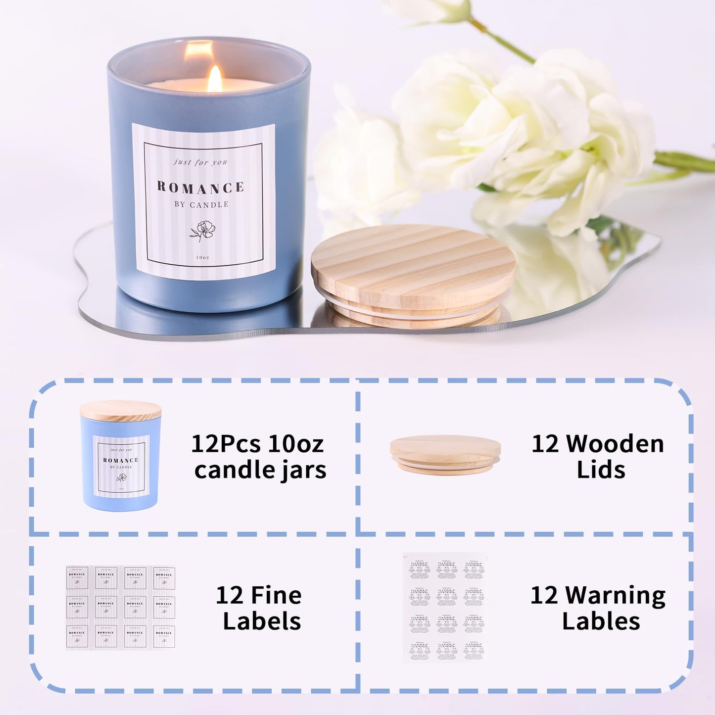 REISEN 12Pcs Assorted Blue Candle Jars, 10oz Glass Candle Containers for DIY Gifts and Storage, Frosted Blue Glass Jars with Bamboo Lids and Labels