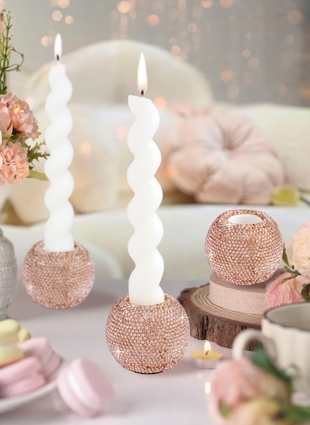 Vixdonos Round Resin Rhinestones Candlestick Holders Set of 3 Ceramic Candle Holder Bulk for Taper Candles,Rose Gold