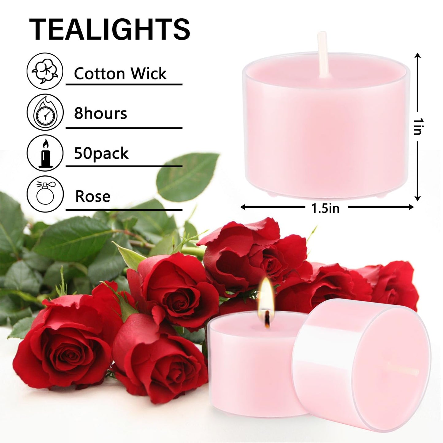 Wfmolcand Rose Scented Candle Tealight Candles in Clear Cup, 8 Hours Consistent Smkless Clean Burning, Great for Valentine's Day Holiday, Wedding, Spa, Emergency and Home Decoration（Pink，50 Pack）