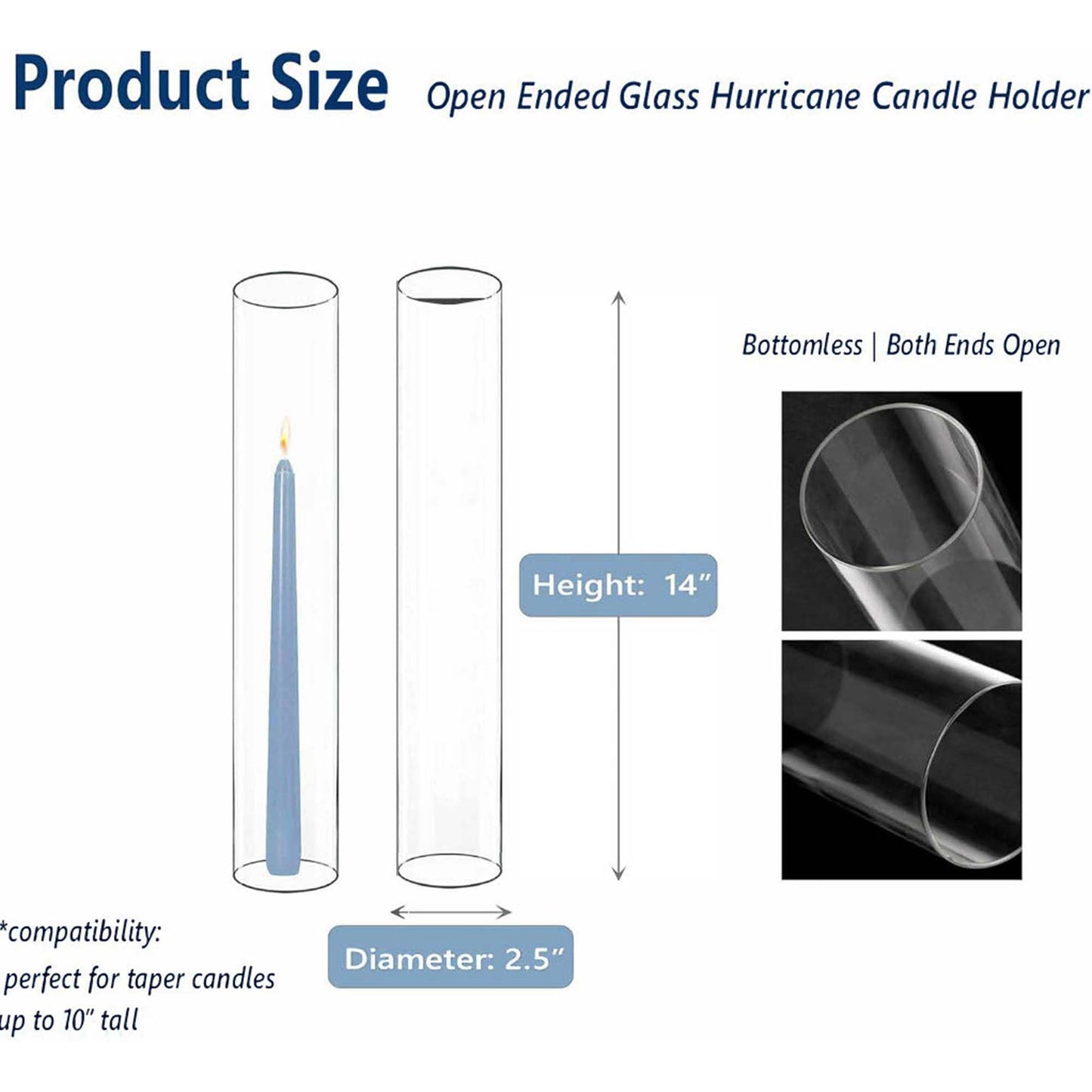 CYS EXCEL 6 PCS (H:14" D:2.5") Glass Hurricane Candleholder Tubes | Open-Ended Bottomless Cylinder, Chimney Tube for Taper Candles and Candlesticks