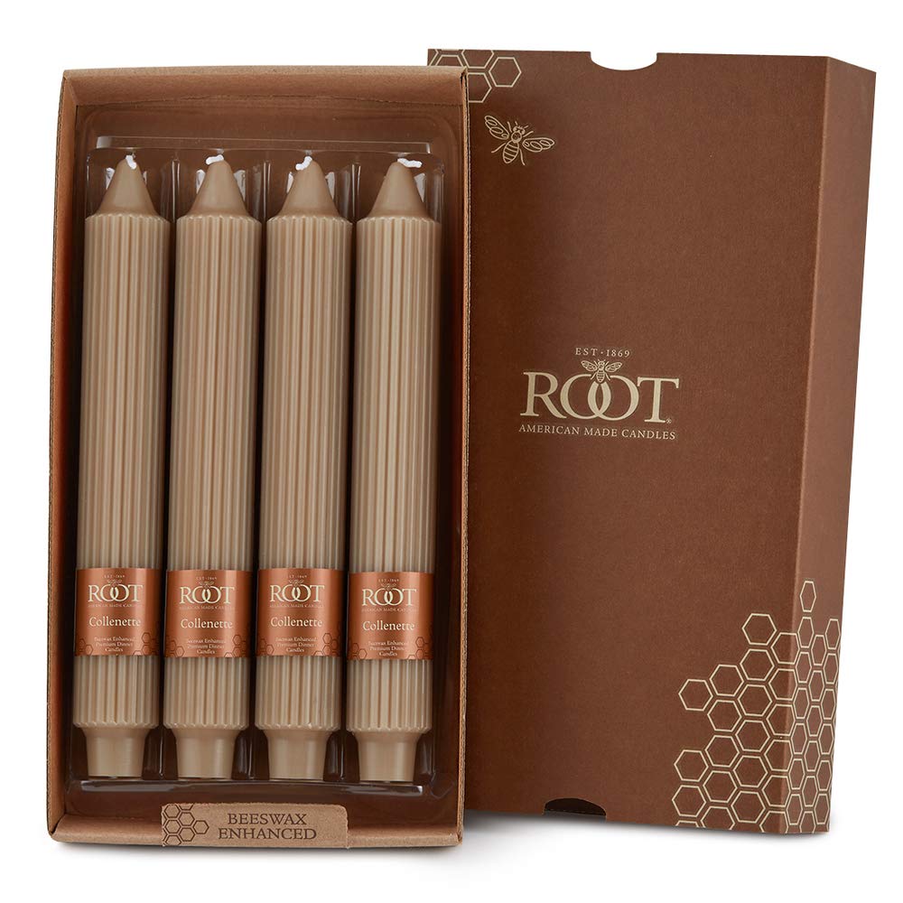 Root Candles 4-Count Unscented Dinner Candles Dripless Beeswax Enhanced Grecian Collenette Boxed Candle Set, 9-Inch, Taupe