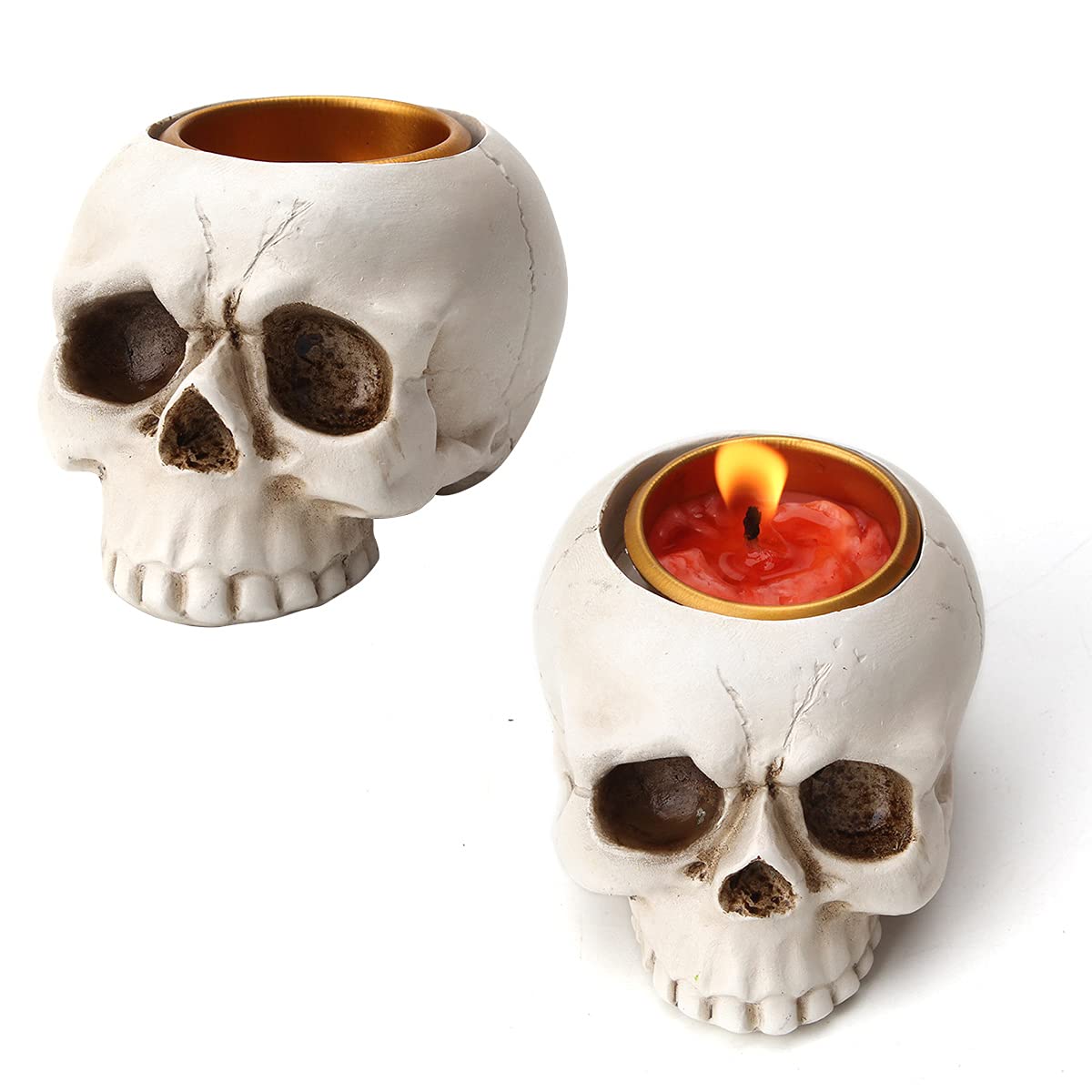 UnionKK Pack of 2 Halloween Decorative Skull Candlestick Holder Resin Skeleton Candle Holder Home Bar Decoration (White 2PCS)