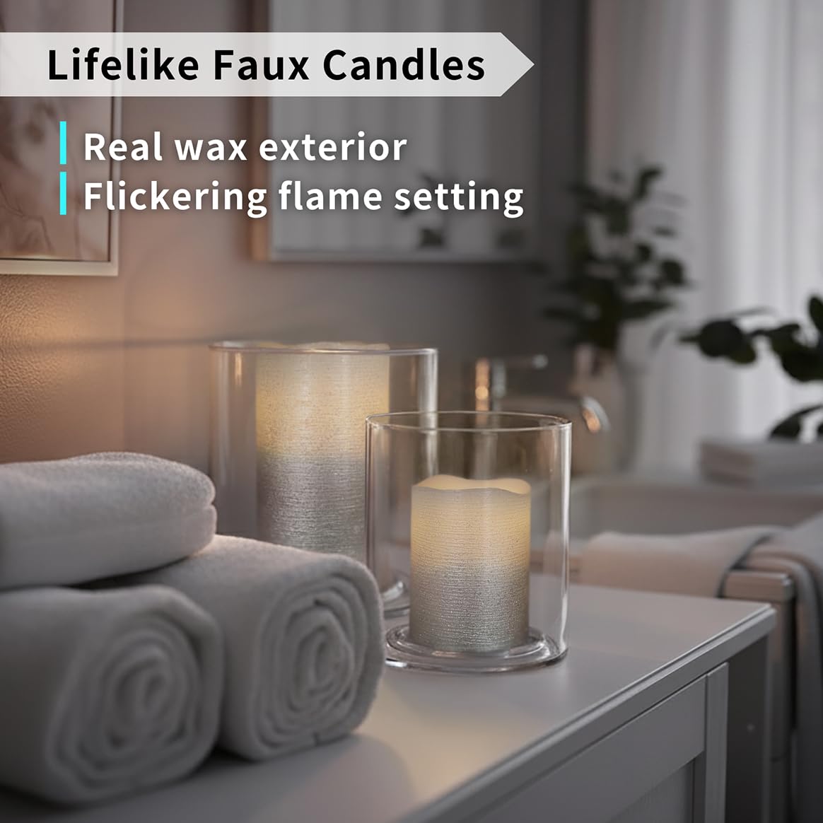 FURORA LIGHTING Silver Glitter Flameless Pillar Candles - Real Wax, 5/19 Auto Timer, Set of 3 (3x4, 3x5, 3x6), Batteries Included, Home Decor
