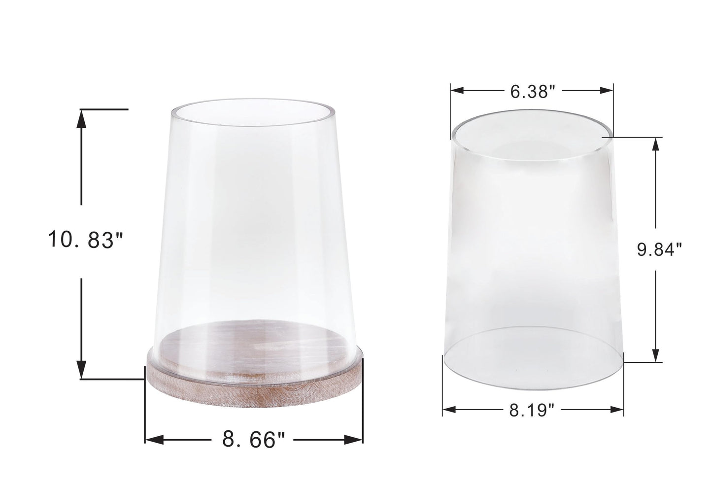 8" Wide Glass Hurricane Candle Holders with Handmade Sturdy Glass Sleeves and Distressed Brown Wood Base for Pillar Candle & Plants, Industrial, Farmhouse, Display Cloche Bell Jars, Table Centerpiece