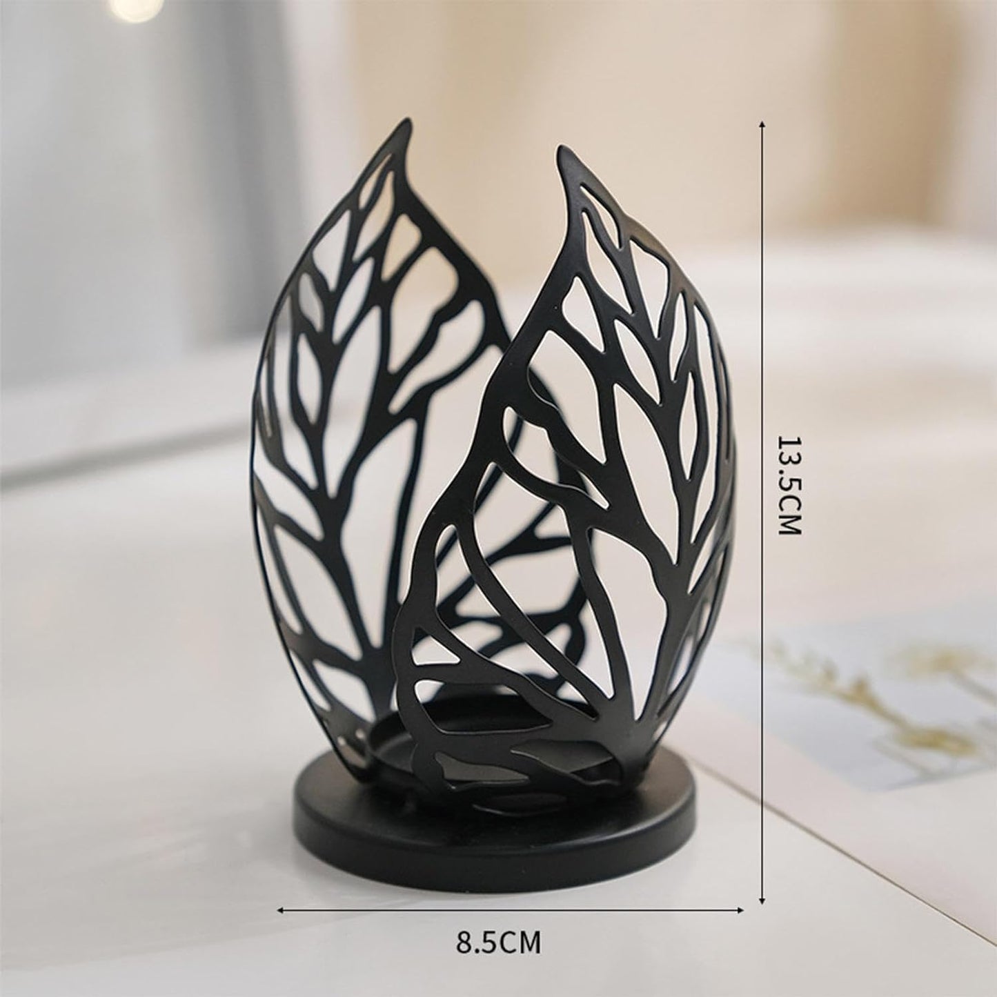 Metal Candlestick Holder Hollow Candle Stand Decorative Candle Stand Leaf Tealight Candle Holder Iron Candleholder for Wedding Living Room Home Party Table Decoration - Black