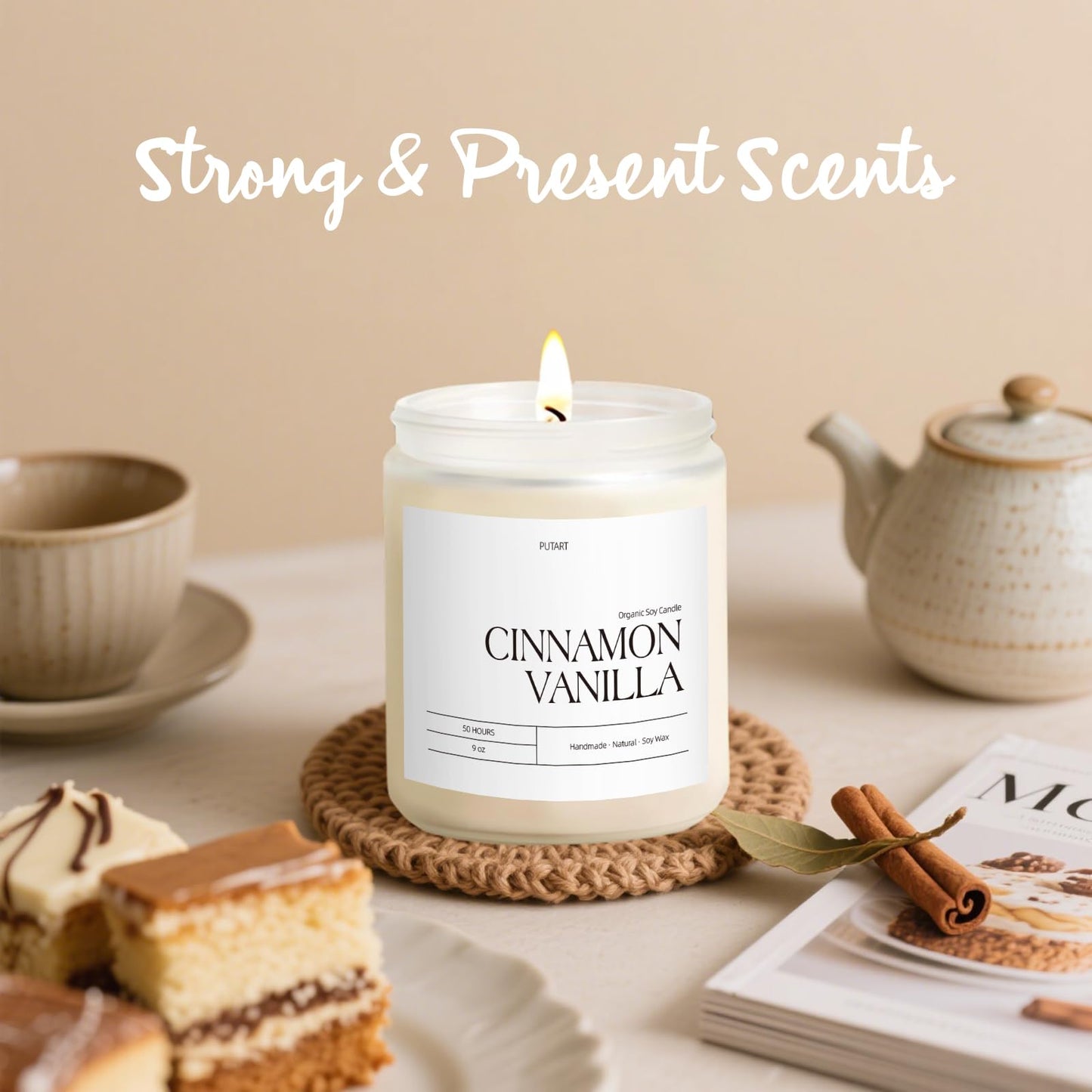 Putart Cinnamon Vanilla Candles for Home Scented, Natural Soy Wax Aromatherapy Non Toxic Heavy Scented Candle with Essential Oil, Home Fragrance Stress Relief Jar Candles Gifts for Women & Men 9oz