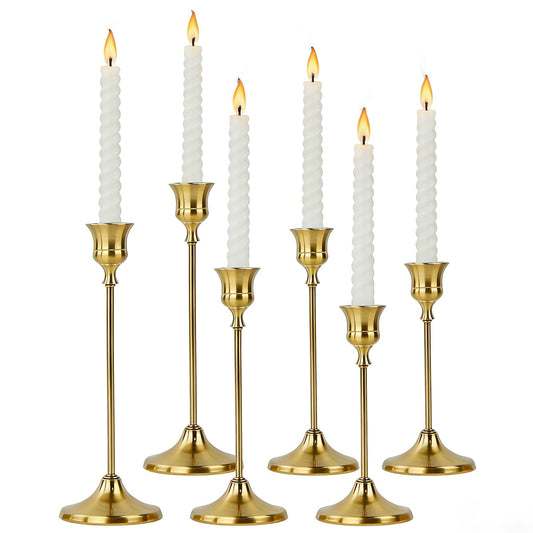 Gold Taper Candle Holders, Vintage Metal Candlestick Holders Set for Wedding Table Centerpiece, Christmas, Birthday Decor - Elegant Candle Sticks Holder for Dining Room & Mantel（2 Sets(6 Pcs)）