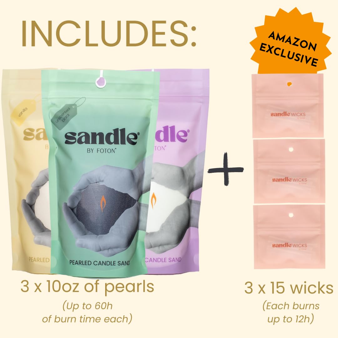 Foton Sandle Pearled Candle – Tri-Pack (3 x 10oz) – Vanilla, Clean Laundry & Black Unscented, Non-Toxic, Luxury & Long-Lasting – Up to 180 Hours – with 15 Wicks Each