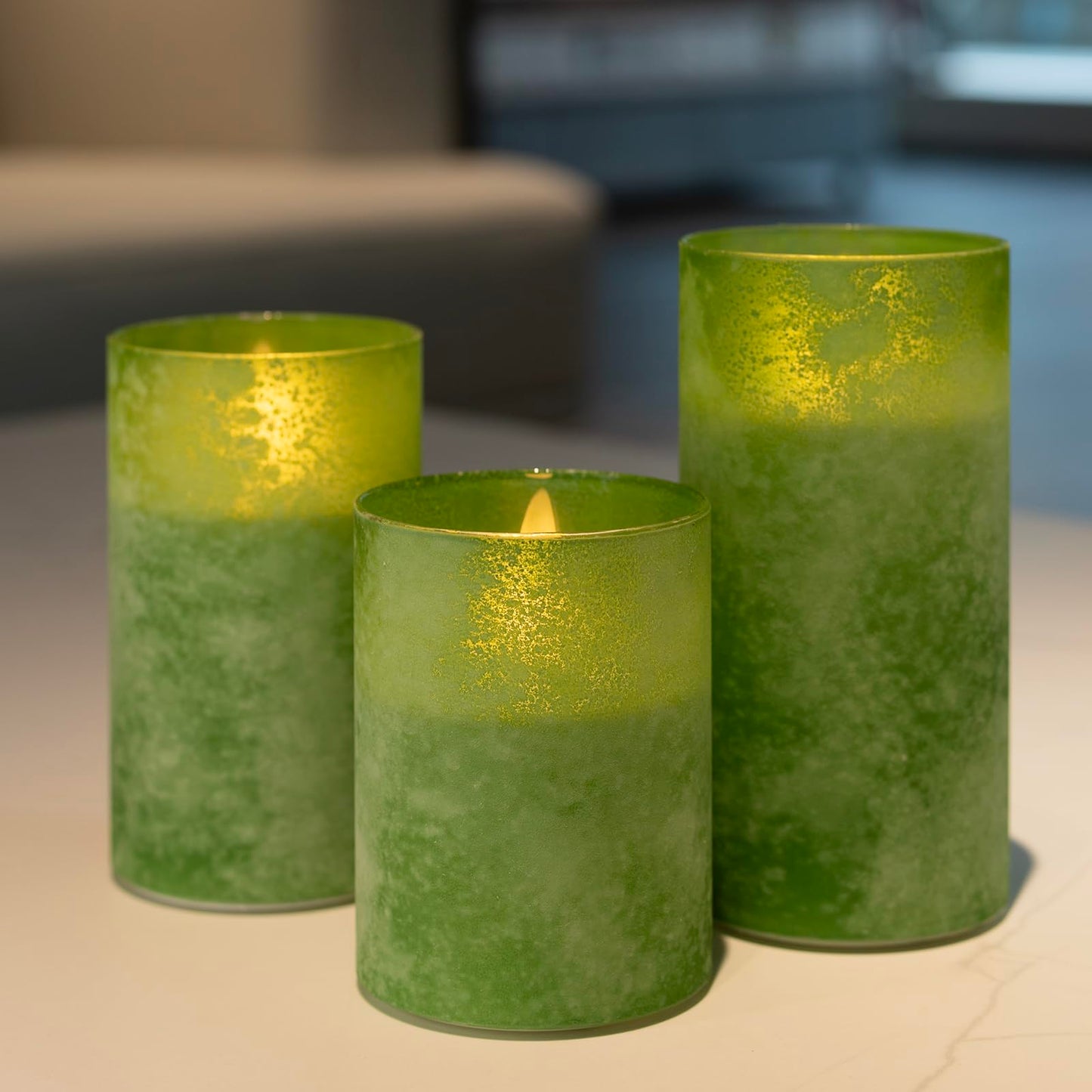 HJANDHJ Green Flameless Candles with Timer - Glass Battery Operated LED Candles with 10-Key Remote, Ocean Theme Green Sandblast Flickering Real Wax Pillar Candles for Home Weddings Decor