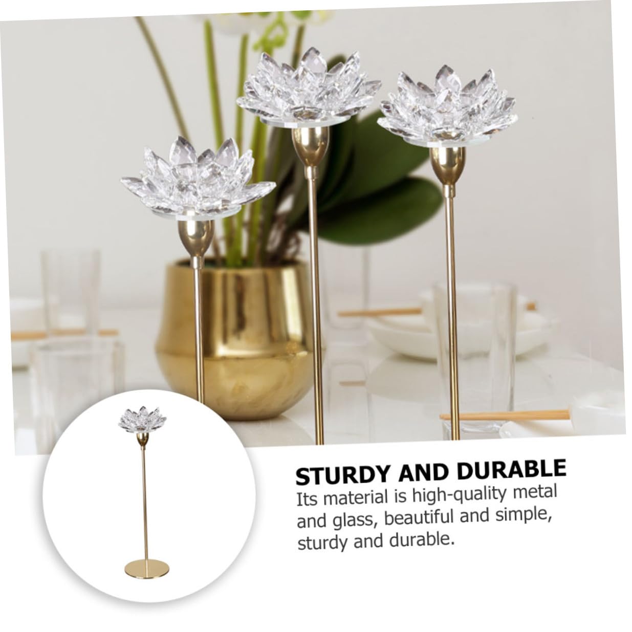 STOBAZA Modern Simple Metal Candlestick Holder Crystal Lotus Design, Small Gold Decorative Candle Stand for Wedding and Dining Room Décor
